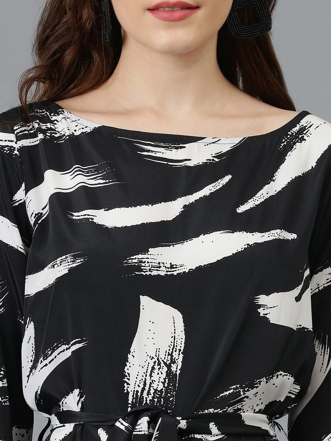 Kotty Black & White Abstract Printed Satin A-Line Dress