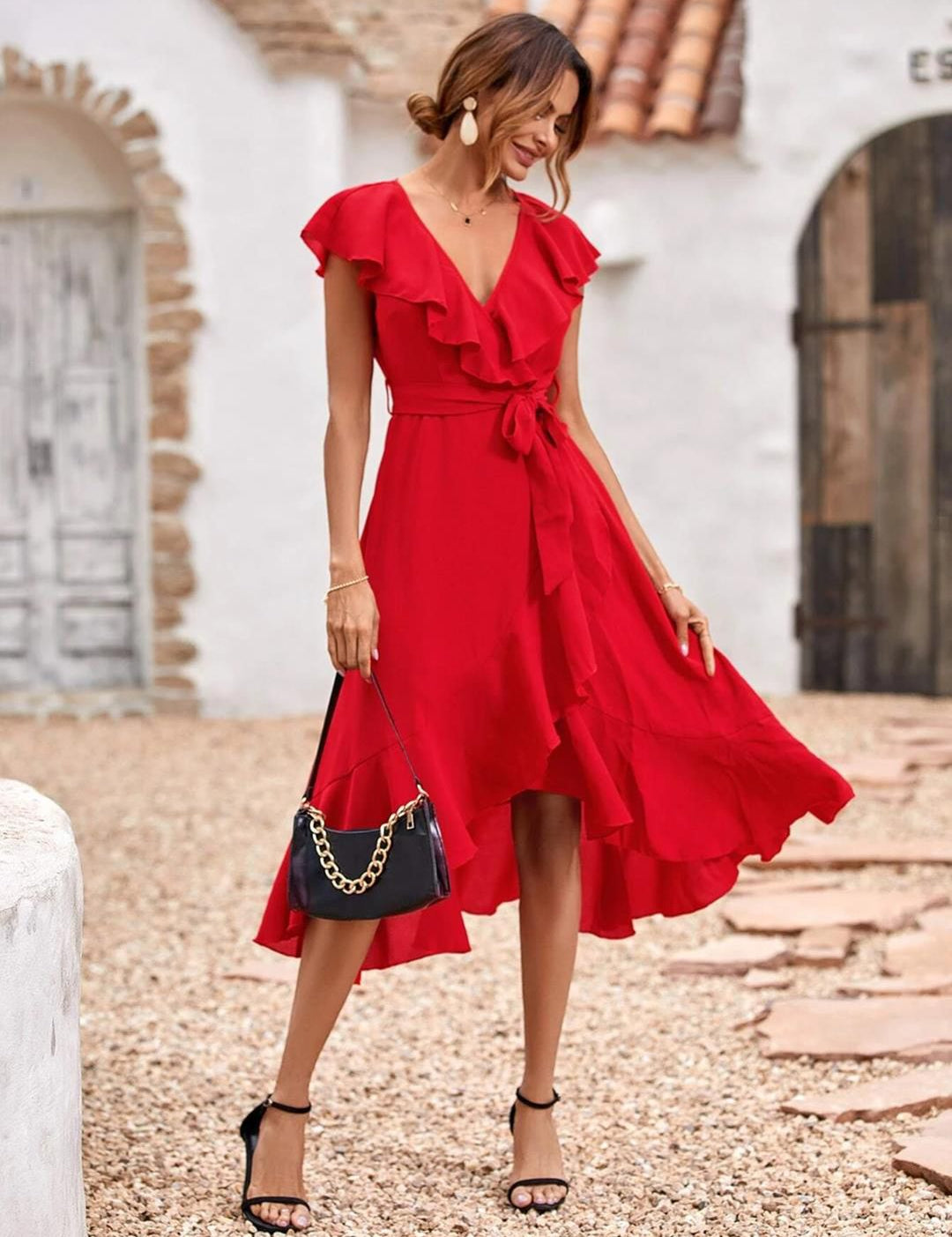 Kotty Red Ruffled Wrap Midi Dress