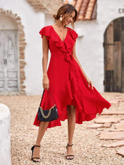 Kotty Red Ruffled Wrap Midi Dress
