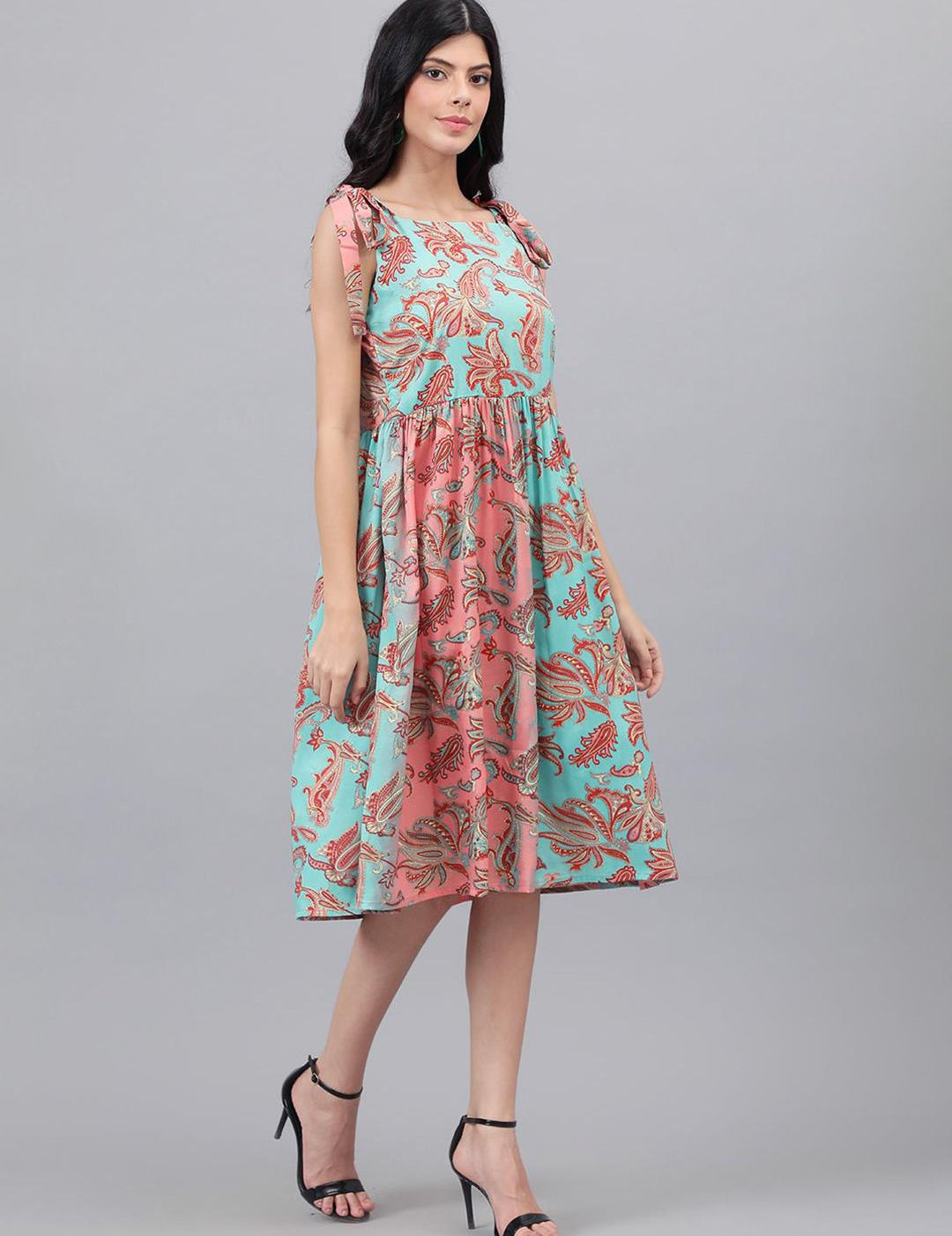 Kotty Pink And Sea Green Paisley Ethnic Print Fit & Flare Midi Dress