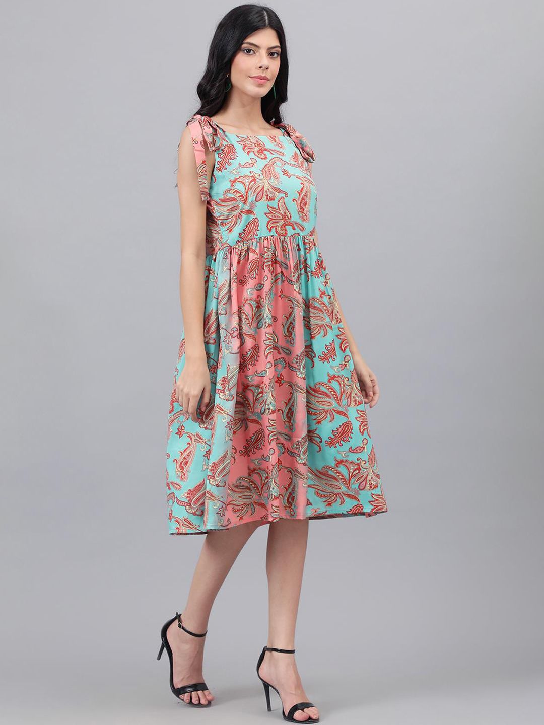 Kotty Pink And Sea Green Paisley Ethnic Print Fit & Flare Midi Dress