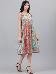 Kotty Pink And Sea Green Paisley Ethnic Print Fit & Flare Midi Dress