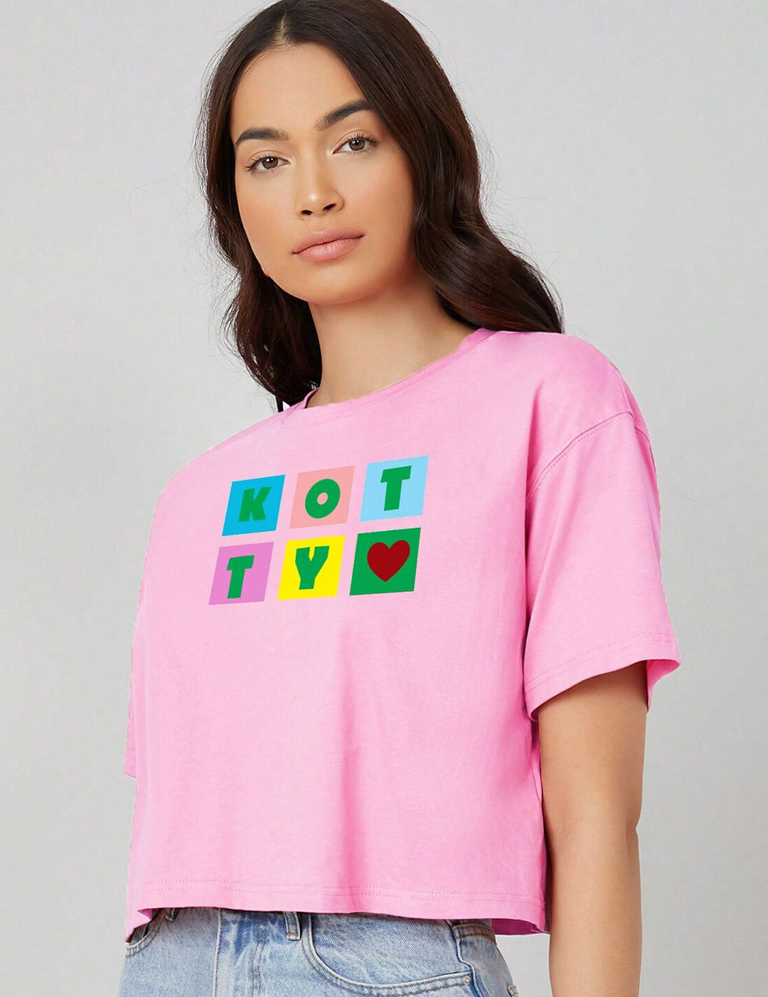 Kotty Pink Printed Round Neck Drop-Shoulder Sleeves Crop Oversized T-shirt
