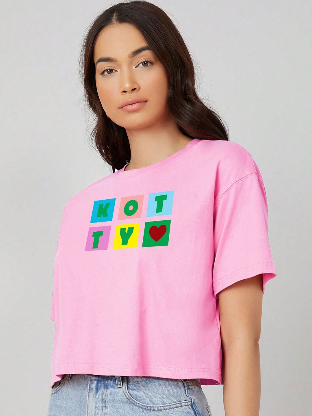 Kotty Pink Printed Round Neck Drop-Shoulder Sleeves Crop Oversized T-shirt