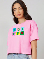 Kotty Pink Printed Round Neck Drop-Shoulder Sleeves Crop Oversized T-shirt
