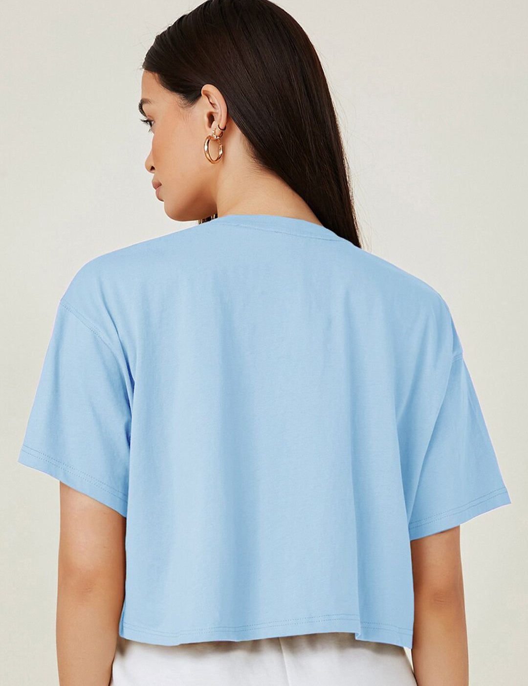 Kotty Blue Typography Printed Drop-Shoulder Sleeves Cotton Oversized Crop T-shirt