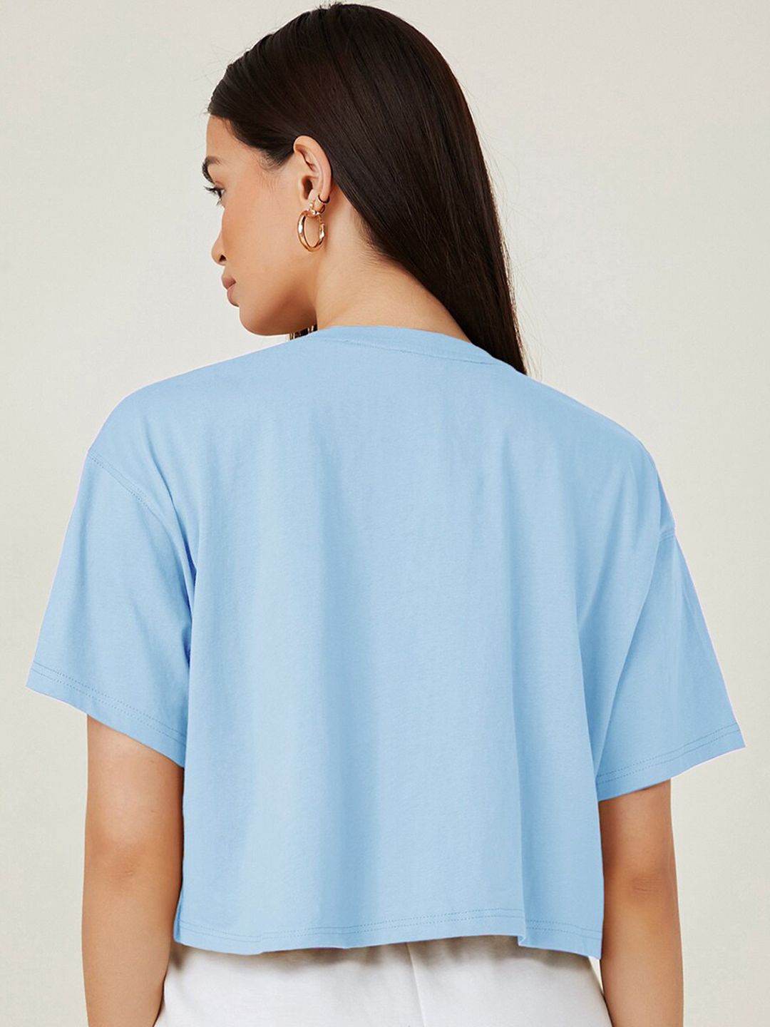 Kotty Blue Typography Printed Drop-Shoulder Sleeves Cotton Oversized Crop T-shirt