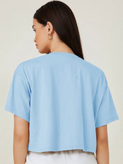 Kotty Blue Typography Printed Drop-Shoulder Sleeves Cotton Oversized Crop T-shirt