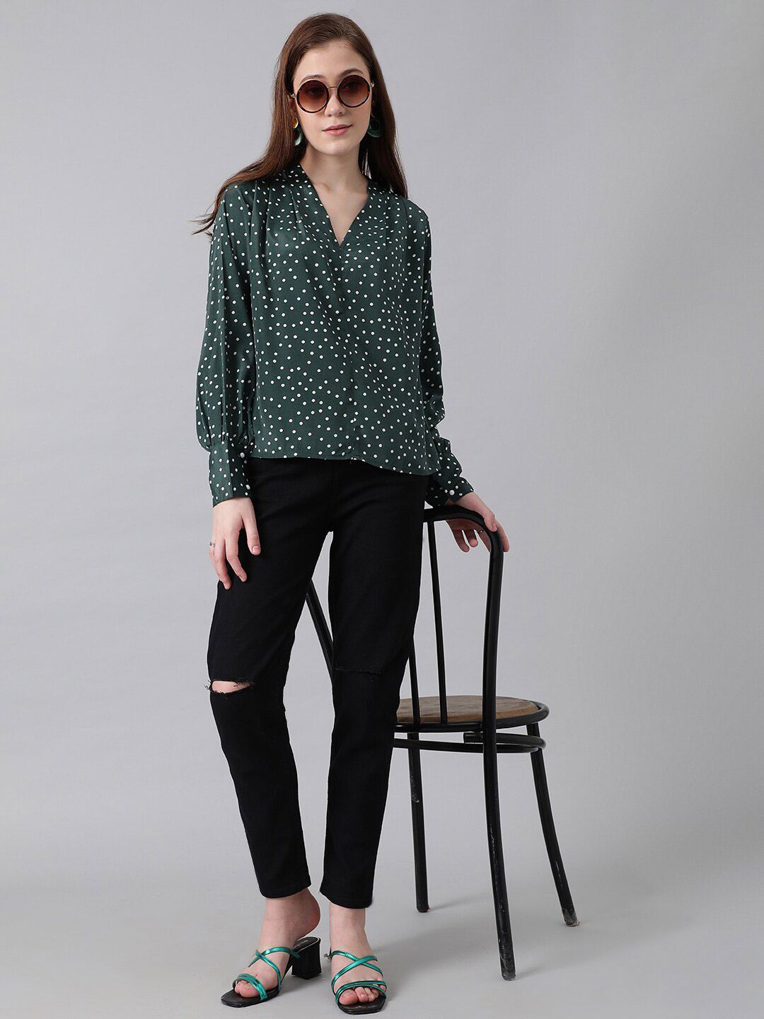 Kotty Green & White Polka Dot Print V-Neck Cuffed Sleeves Satin Crepe Top