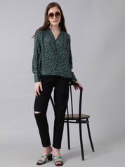 Kotty Green & White Polka Dot Print V-Neck Cuffed Sleeves Satin Crepe Top