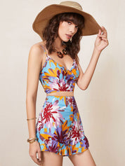 Kotty Blue Floral Printed Shoulder Straps Top With Shorts