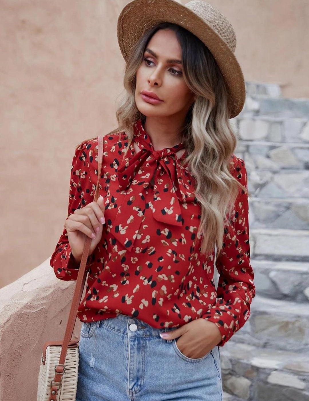 Kotty Red Abstract Printed Tie-Up Neck Regular Top