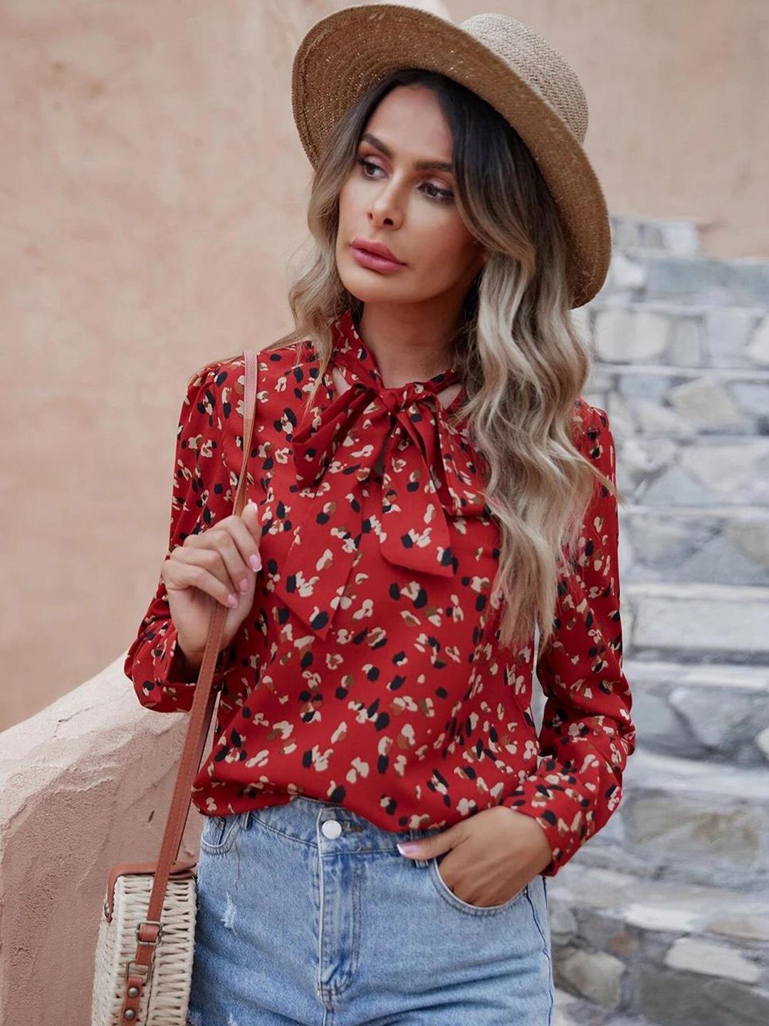 Kotty Red Abstract Printed Tie-Up Neck Regular Top