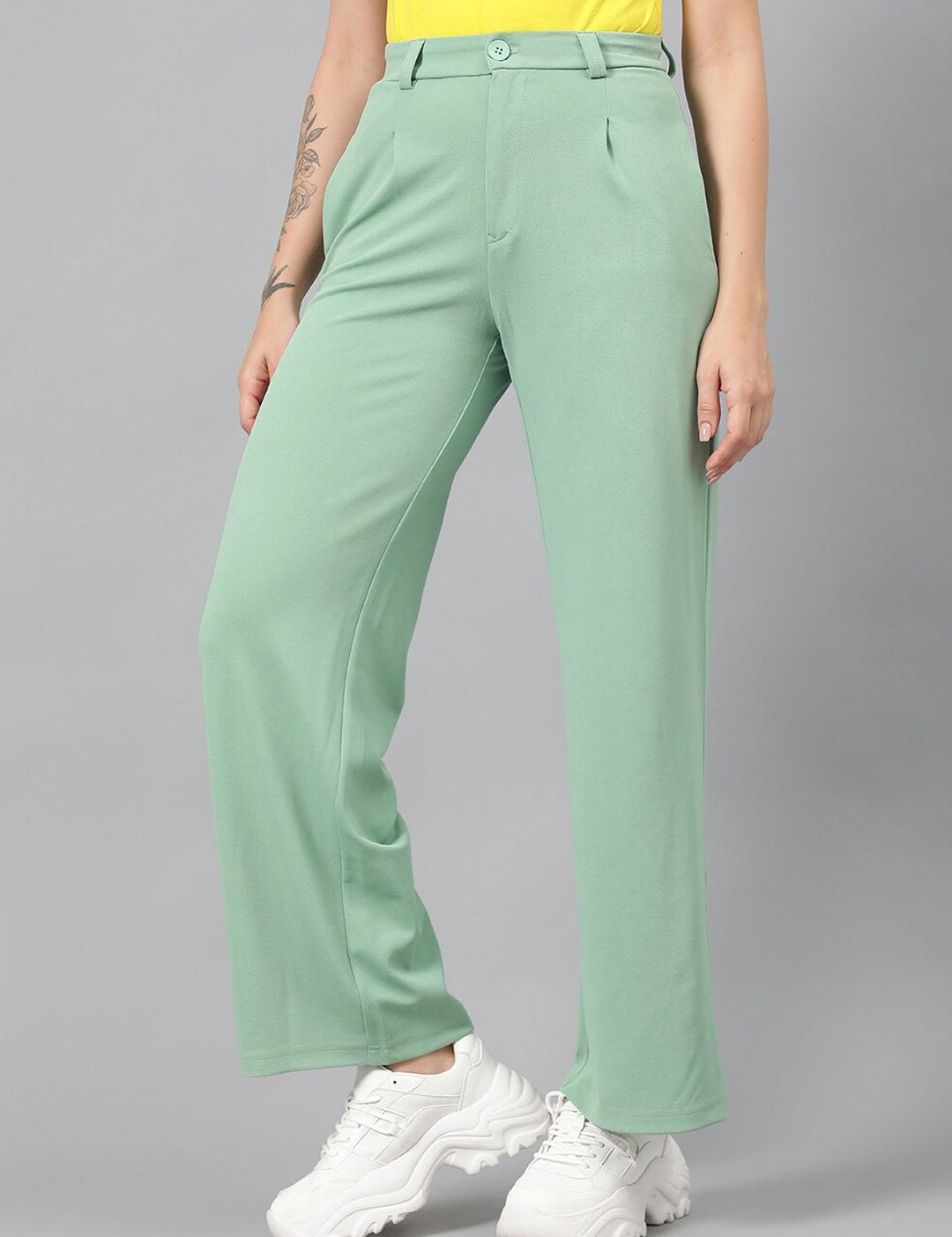 Kotty Women Green Relaxed Straight Leg Fit High-Rise Easy Wash Parallel Trousers