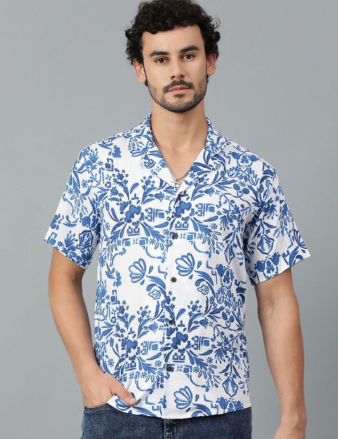 Kotty Men Cuban Collar Floral Printed Casual Shirt