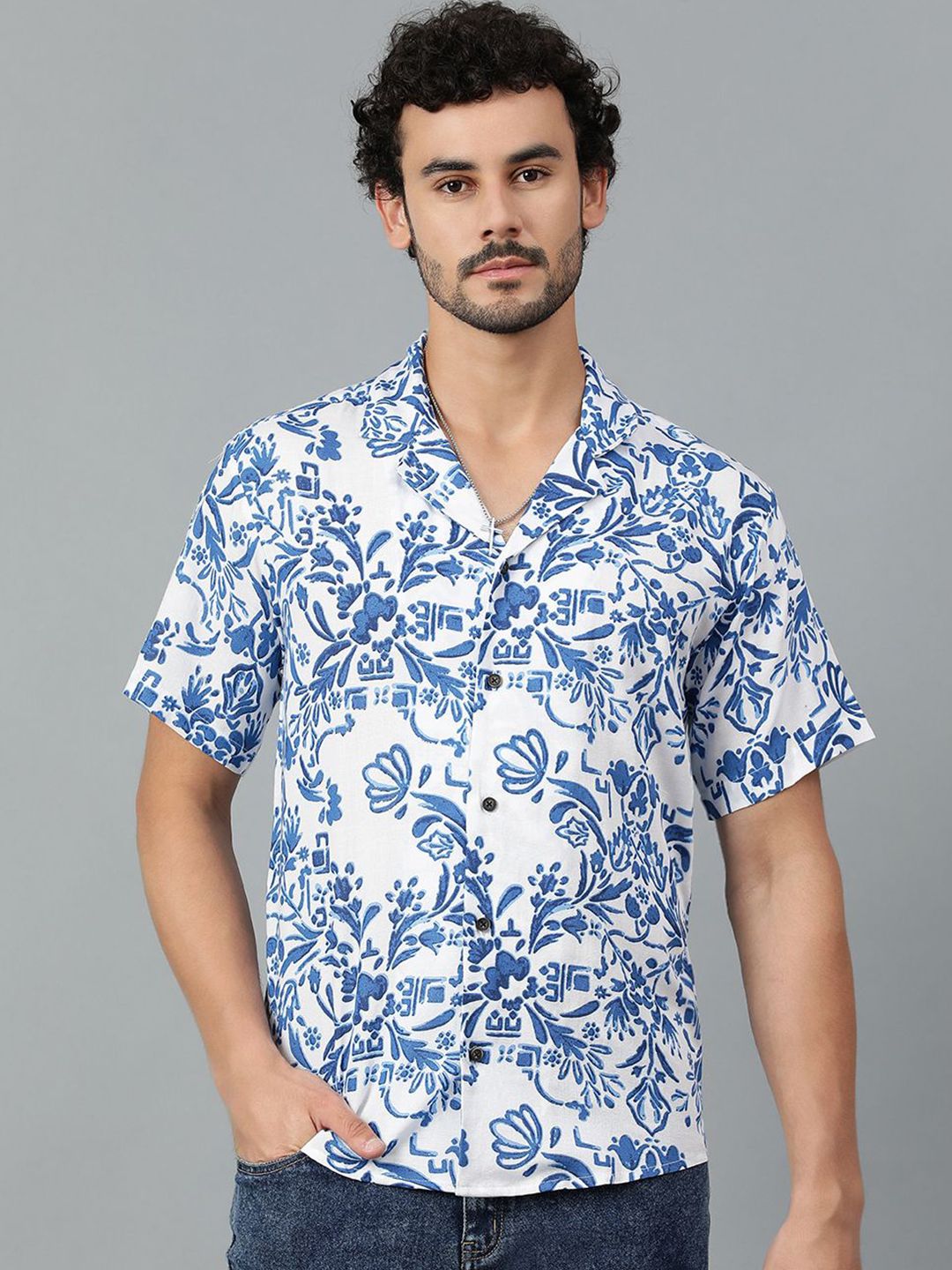 Kotty Men Cuban Collar Floral Printed Casual Shirt