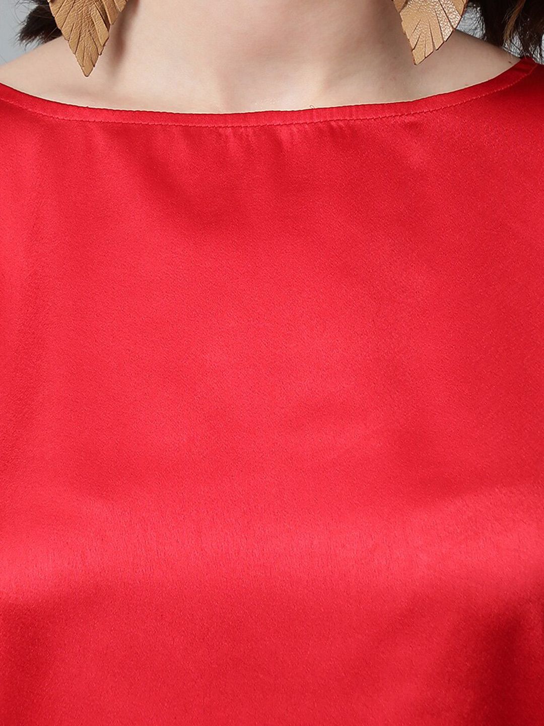 Kotty Red Cuffed Sleeves Satin Top