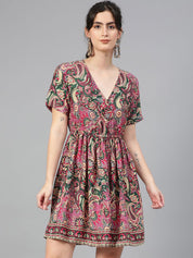 Kotty Ethnic Motifs Printed V-Neck Gathered or Pleated Crepe Wrap Dress