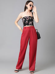 Kotty Women Maroon Relaxed Straight Leg High-Rise Easy Wash Pleated Parallel Trousers