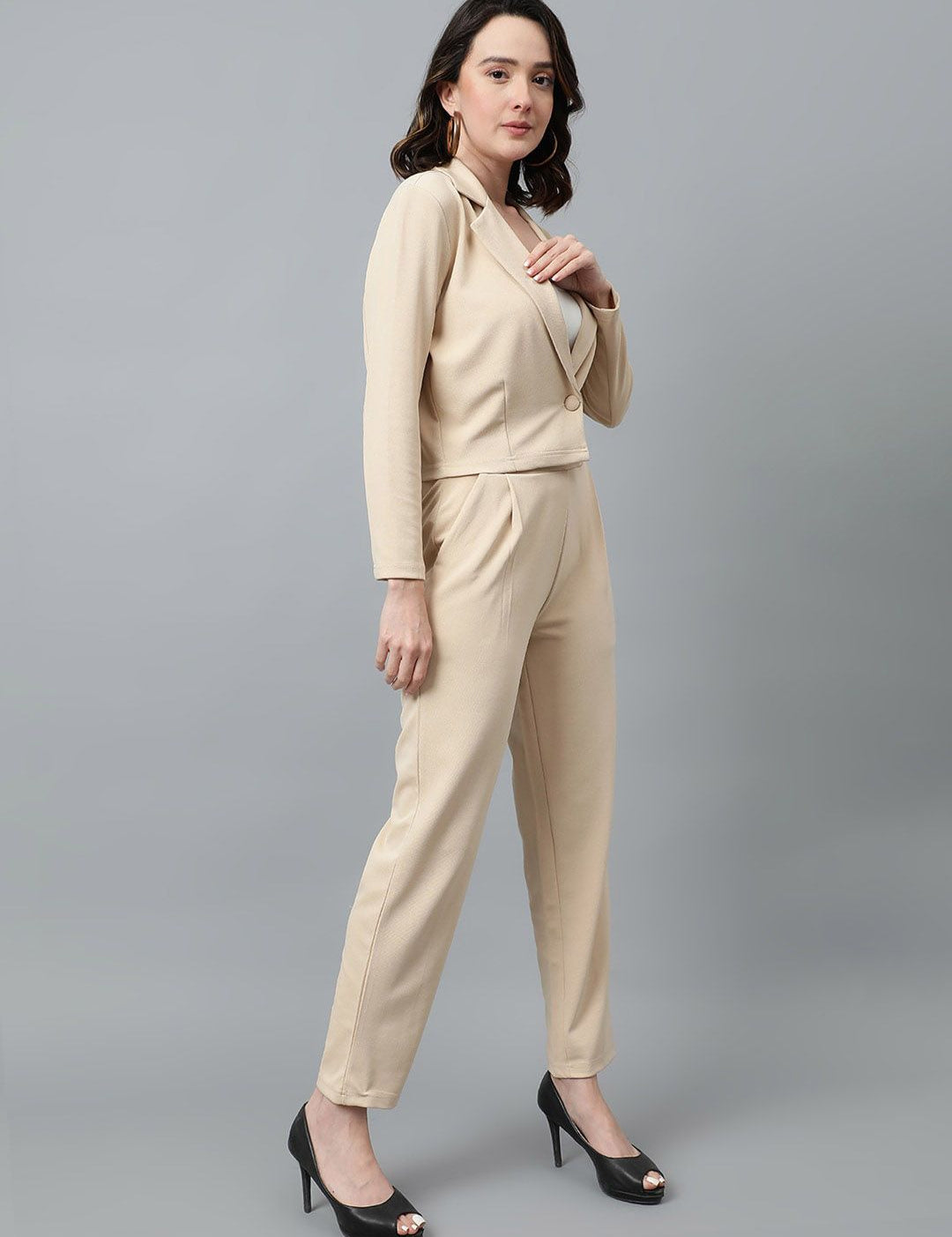 KOTTY BIZwear Beige Notched Lapel Collar Blazer & Mid Rise Trouser