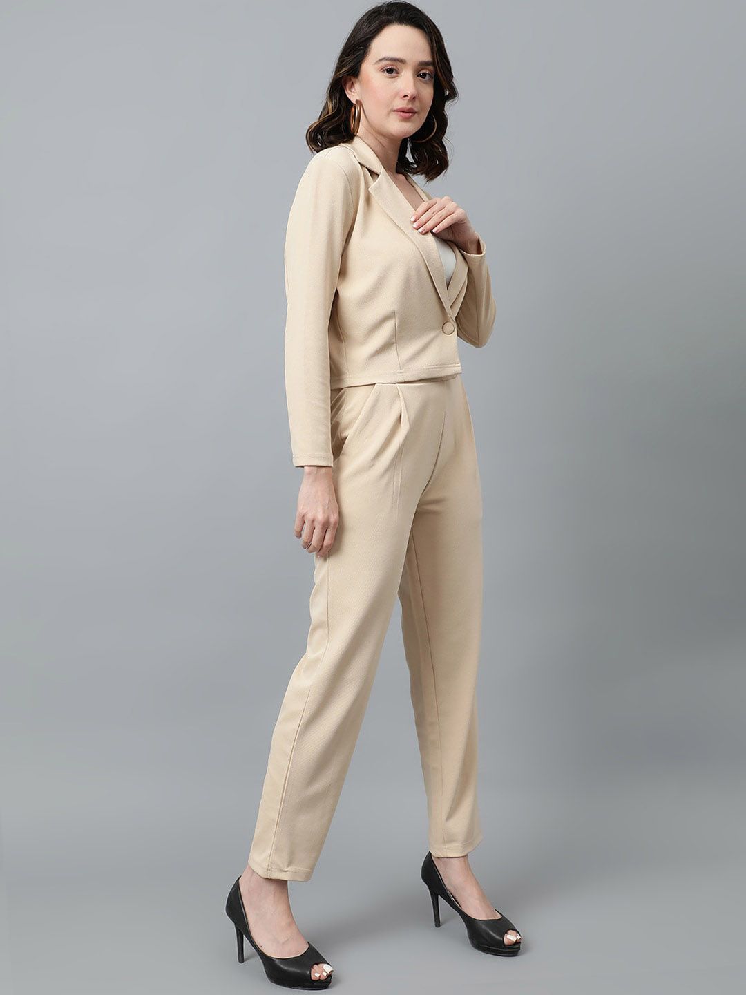 KOTTY BIZwear Beige Notched Lapel Collar Blazer & Mid Rise Trouser