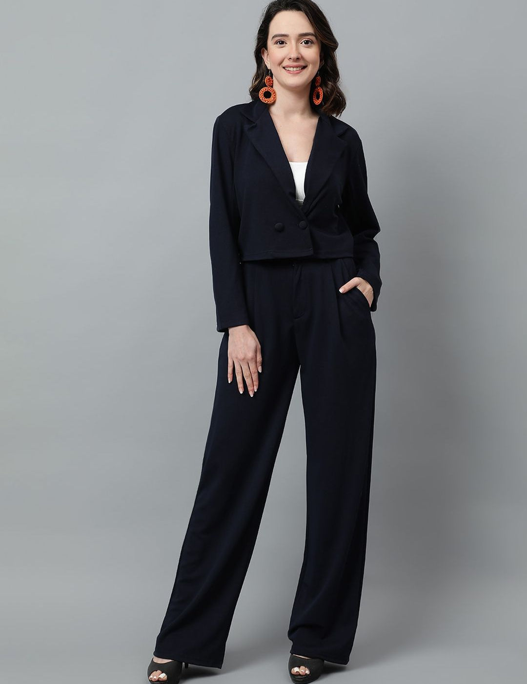 KOTTY BIZwear Navy Blue Notched Lapel Collar Blazer & Mid Rise Trouser