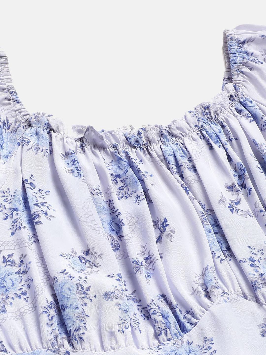 Kotty White And Blue Floral Printed Puff Sleeves Fit & Flare Midi Dress