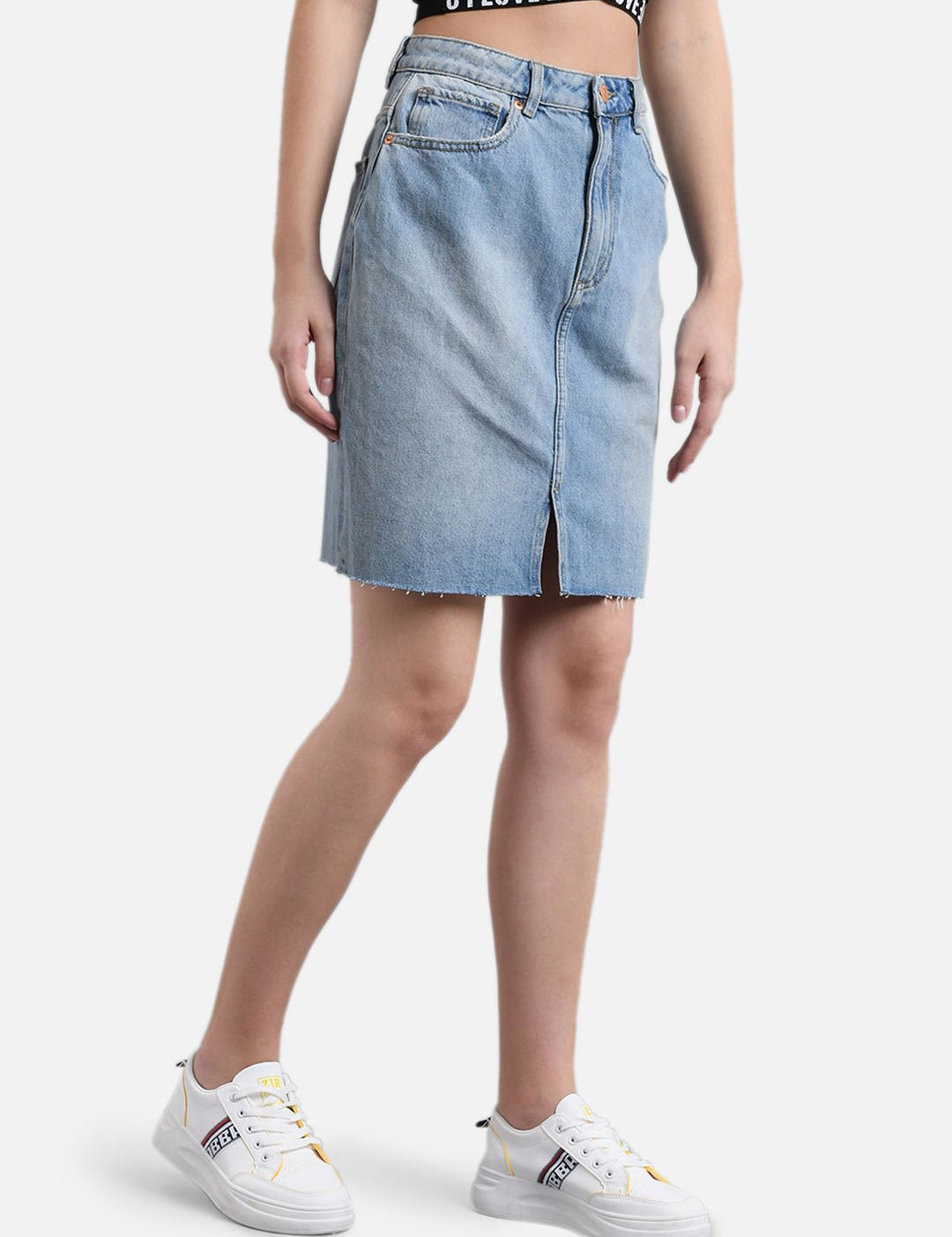 Kotty Women Blue Solid Denim Straight Mini Skirt