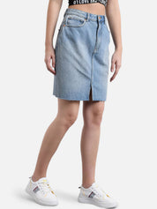 Kotty Women Blue Solid Denim Straight Mini Skirt