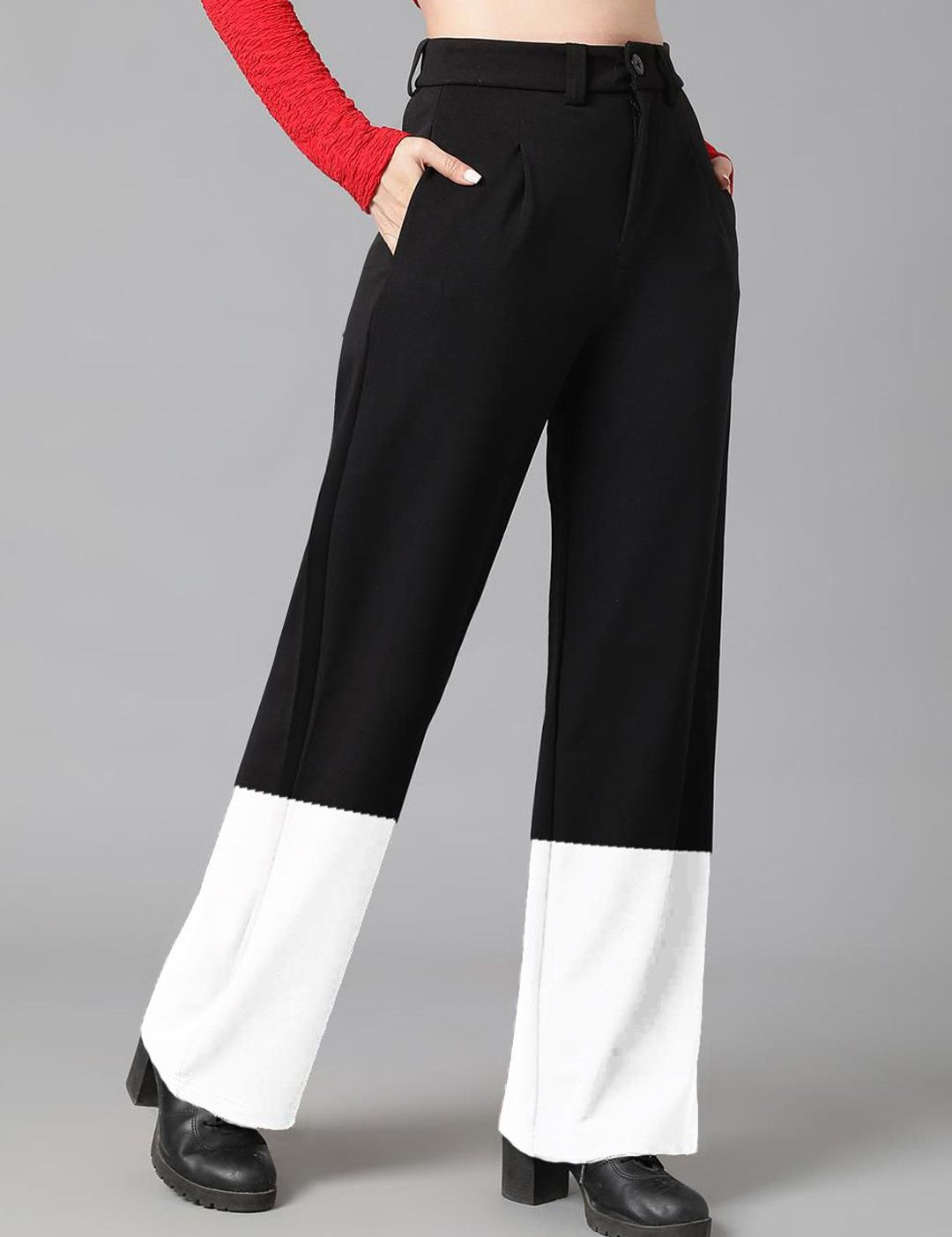 Kotty Women Colourblocked High-Rise Easy Wash Regular Trousers 