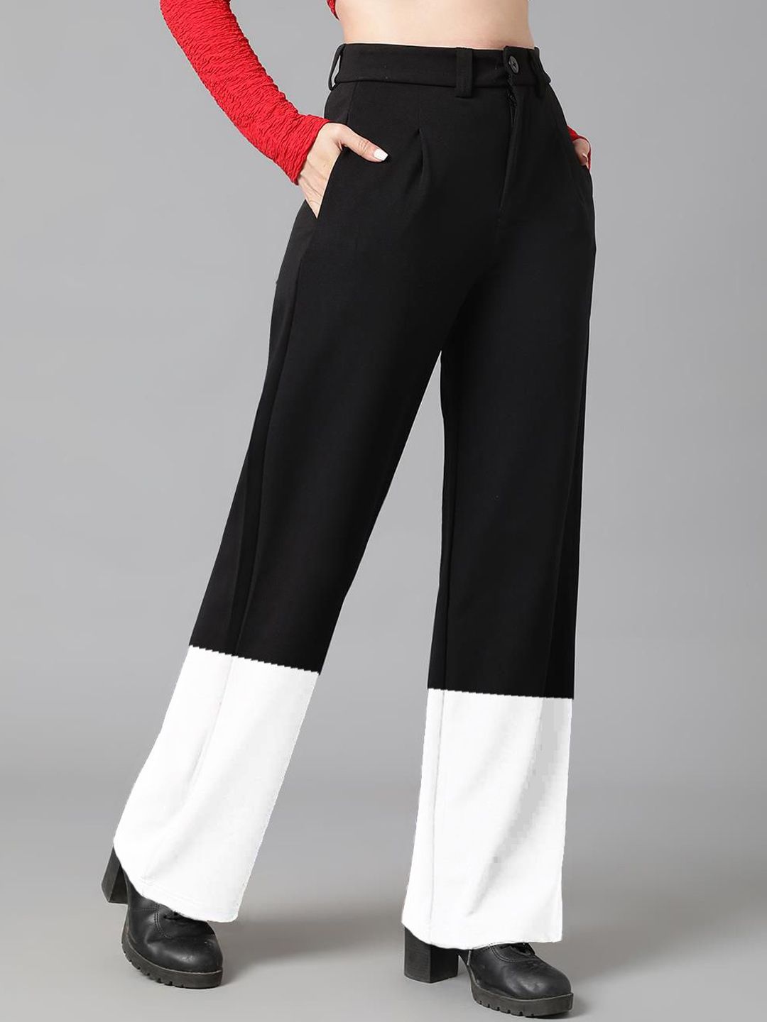 Kotty Women Colourblocked High-Rise Easy Wash Regular Trousers 