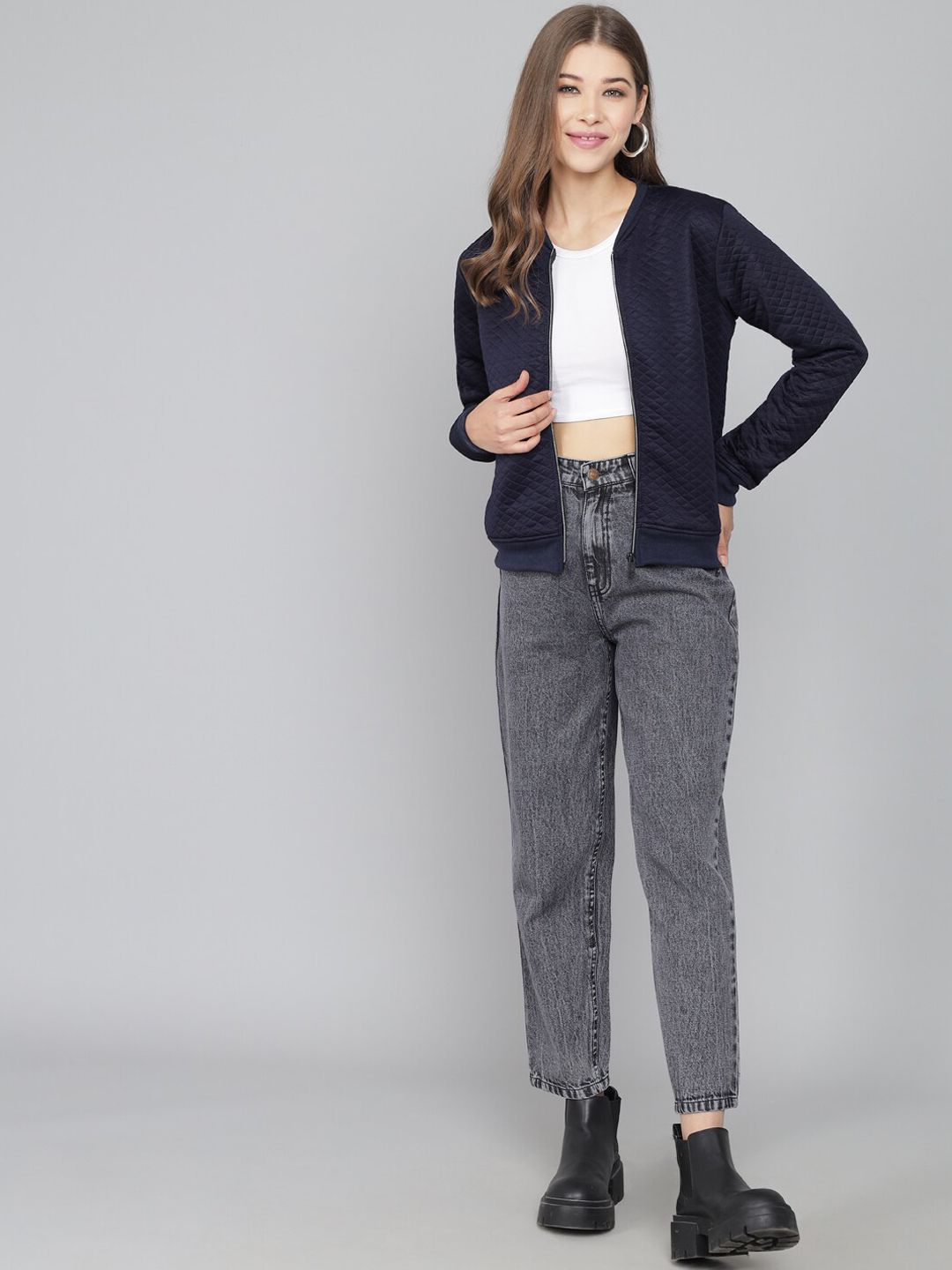 Kotty Women Navy Blue Geometric Lightweight Quilted Jacket