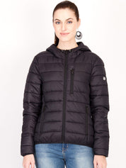 Kotty Women Black Solid Insulator Hooded Puffer Jacket