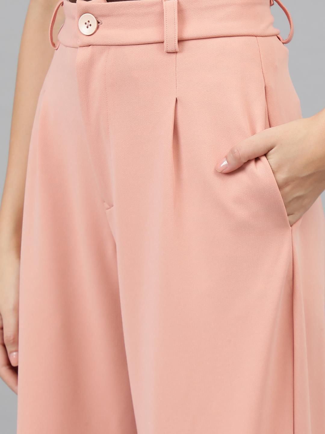 Kotty Women Pink Relaxed Straight Leg Straight Fit High-Rise Easy Wash Pleated Trousers