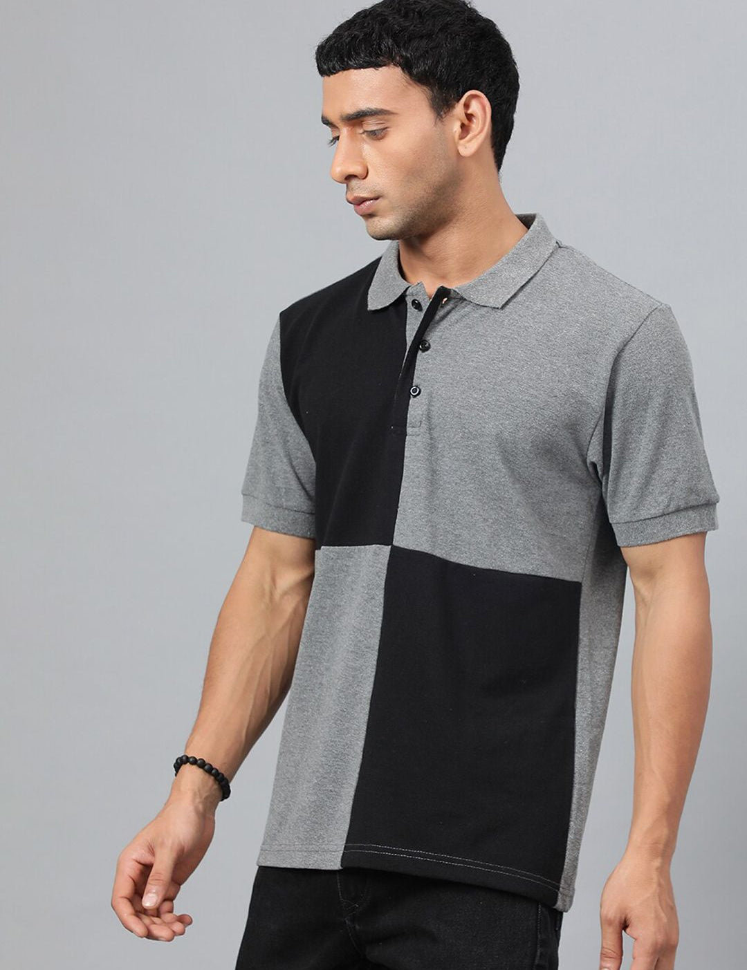 Kotty Grey & Black Colourblocked Polo Collar T-shirt