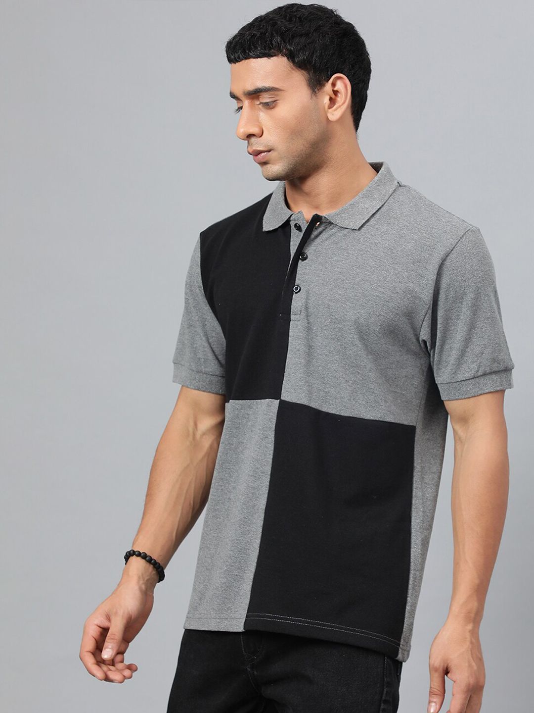 Kotty Grey & Black Colourblocked Polo Collar T-shirt