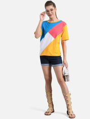 Kotty Women Yellow & Blue Colourblocked Round Neck T-shirt