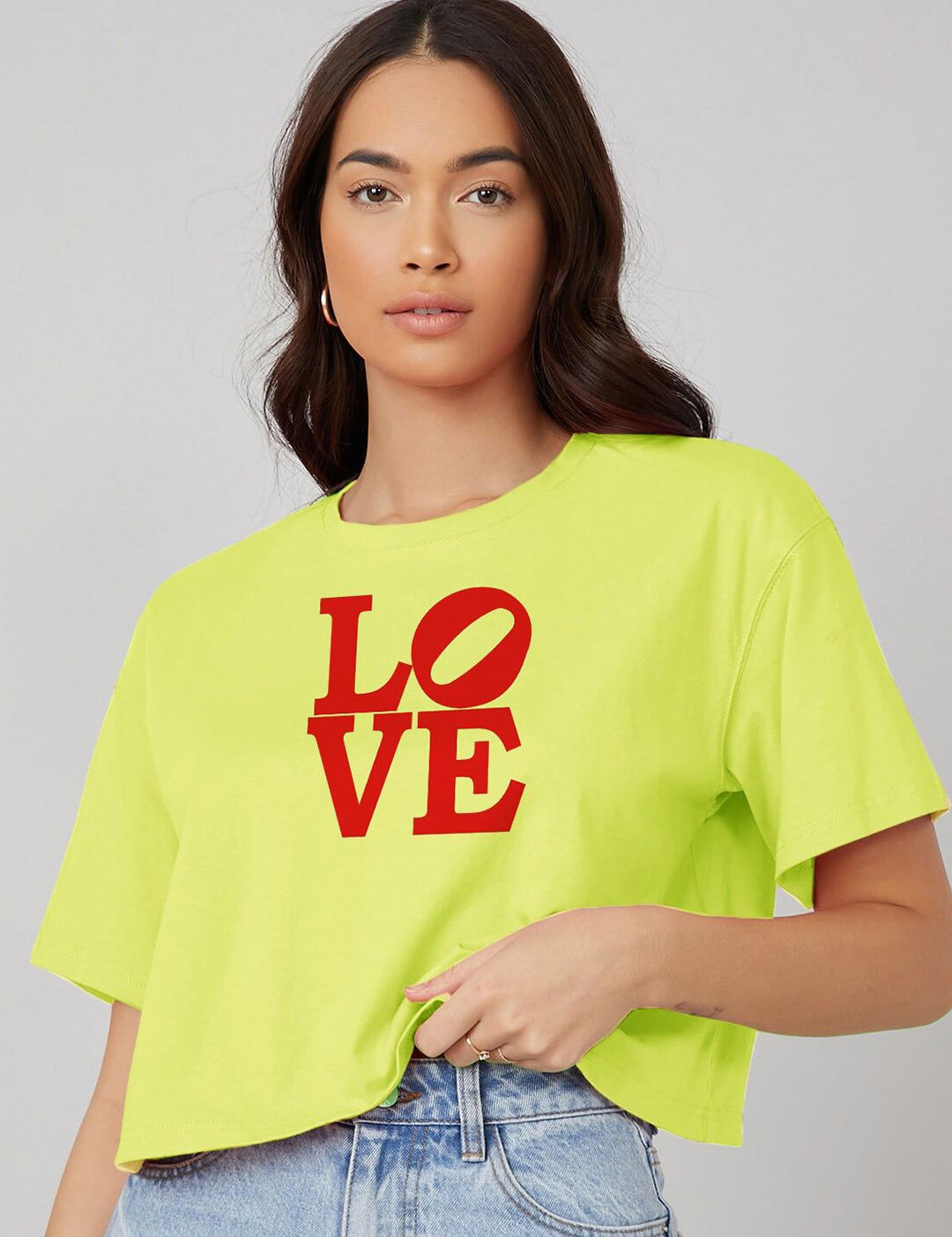 Kotty Yellow Typography Printed Drop-Shoulder Sleeves Cotton Oversized Crop T-shirt