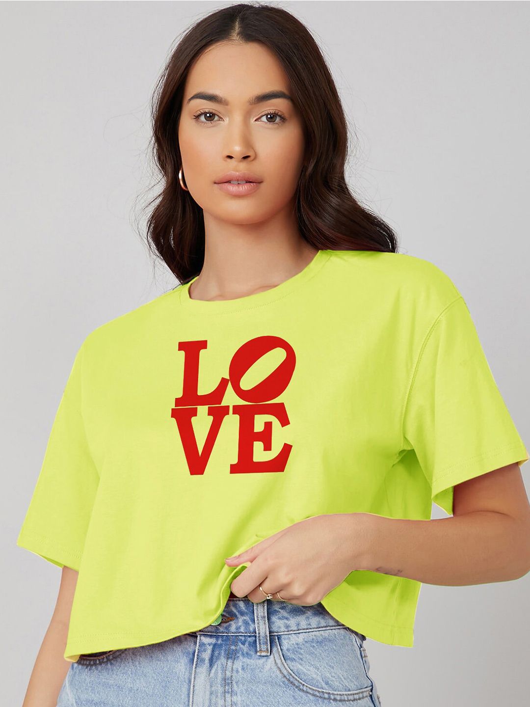 Kotty Yellow Typography Printed Drop-Shoulder Sleeves Cotton Oversized Crop T-shirt