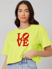 Kotty Yellow Typography Printed Drop-Shoulder Sleeves Cotton Oversized Crop T-shirt