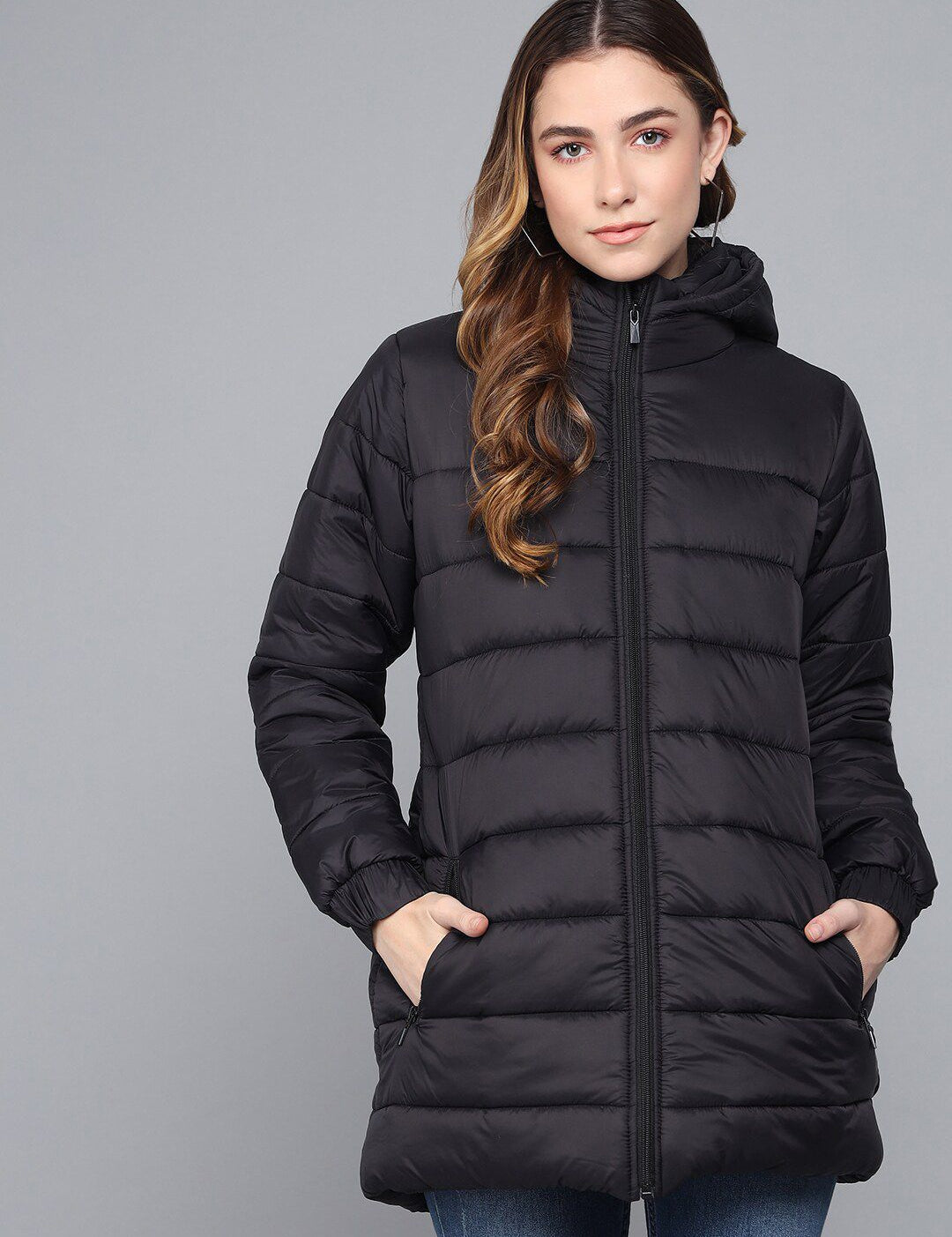 Kotty Women Black Longline Outdoor Puffer Jacket