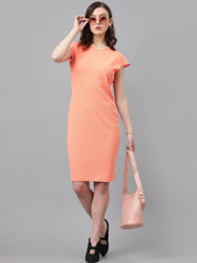 Kotty Orange Self Design Round Neck Extended Sleeves Sheath Dress