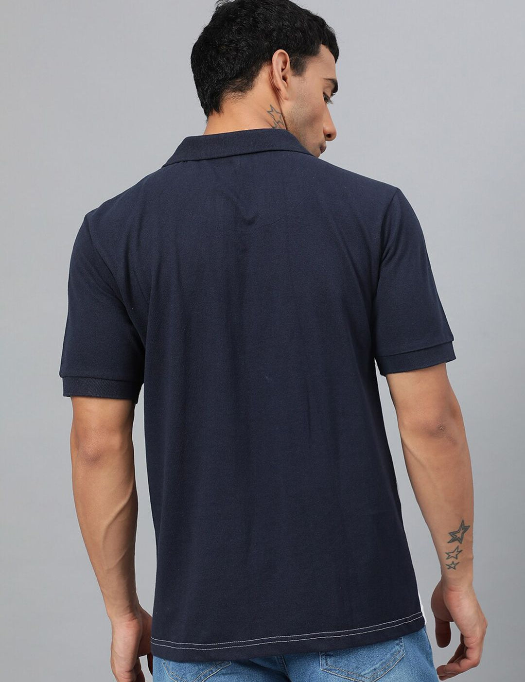 Kotty Navy Blue Grey Colourblocked Polo Collar T-Shirt
