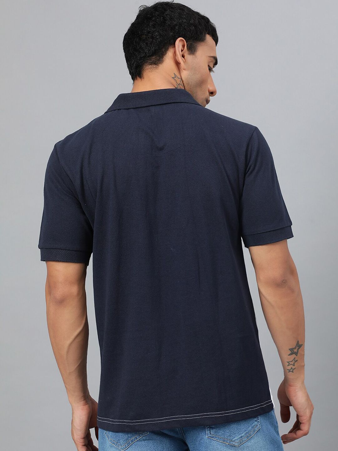 Kotty Navy Blue Grey Colourblocked Polo Collar T-Shirt