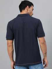 Kotty Navy Blue Grey Colourblocked Polo Collar T-Shirt