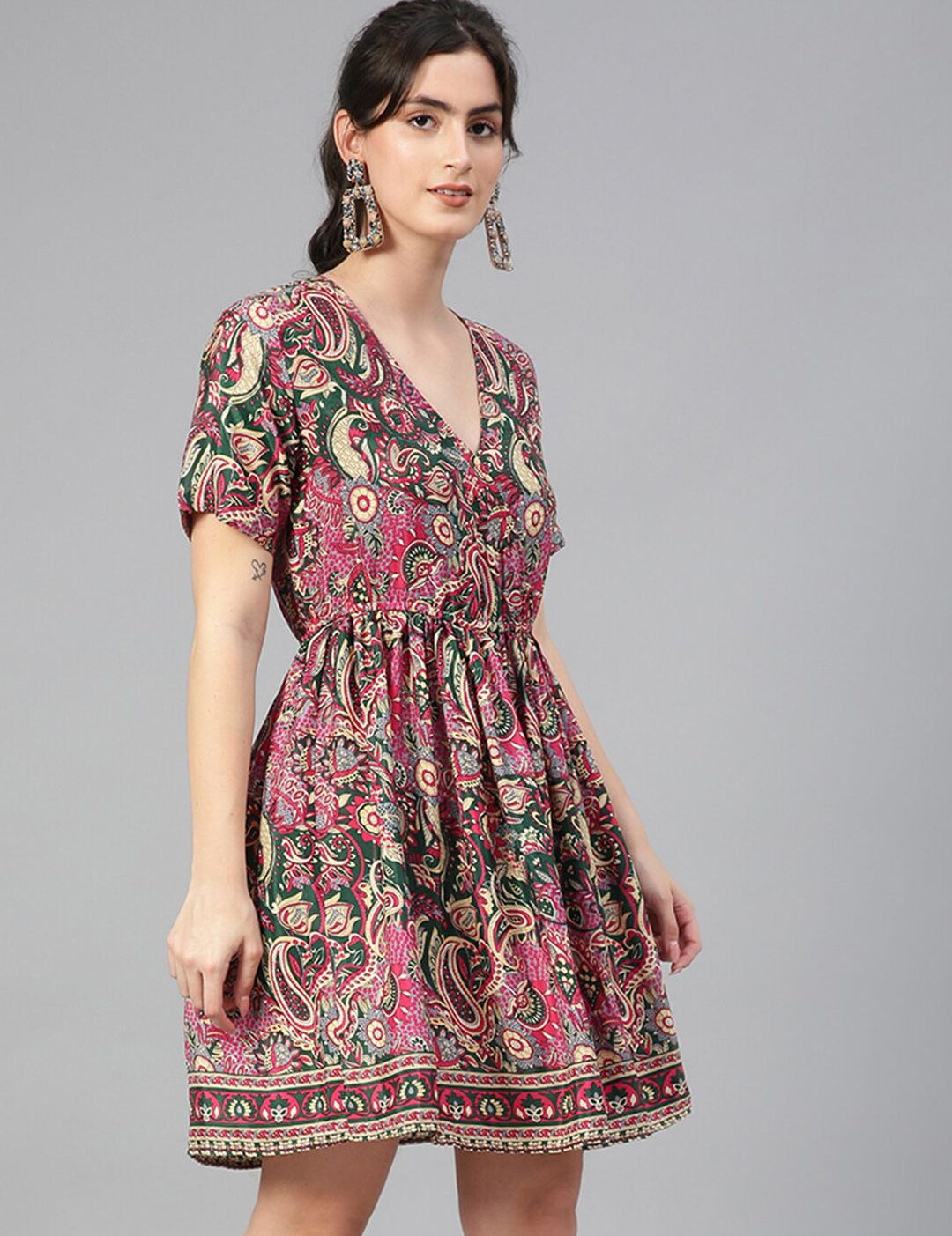 Kotty Ethnic Motifs Printed V-Neck Fit & Flare Dress