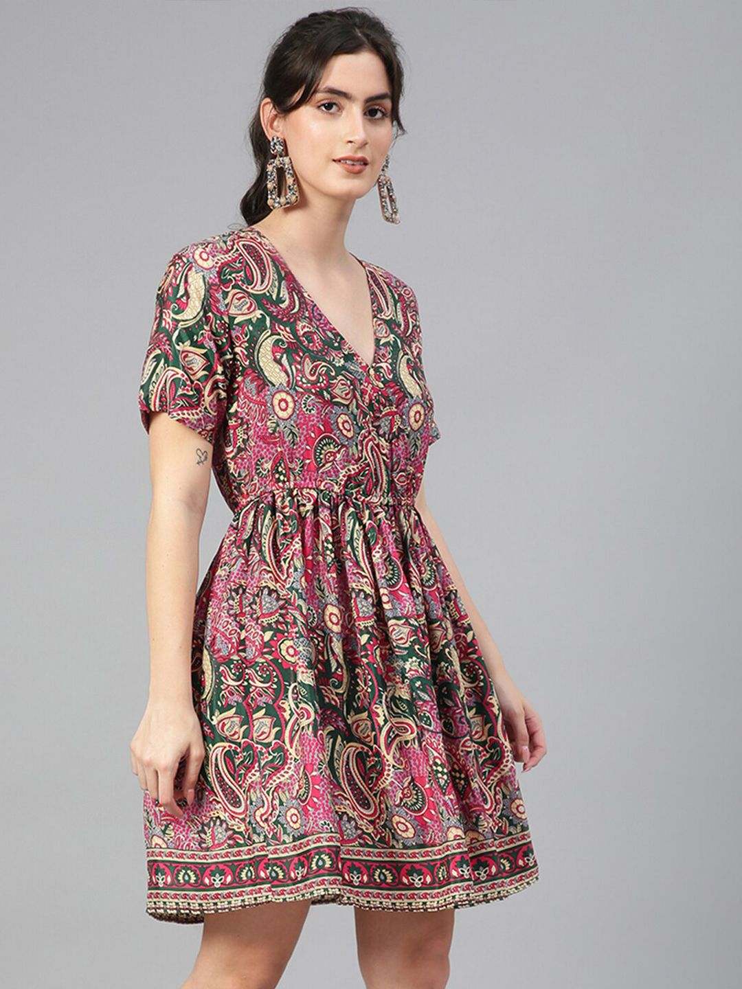 Kotty Ethnic Motifs Printed V-Neck Fit & Flare Dress