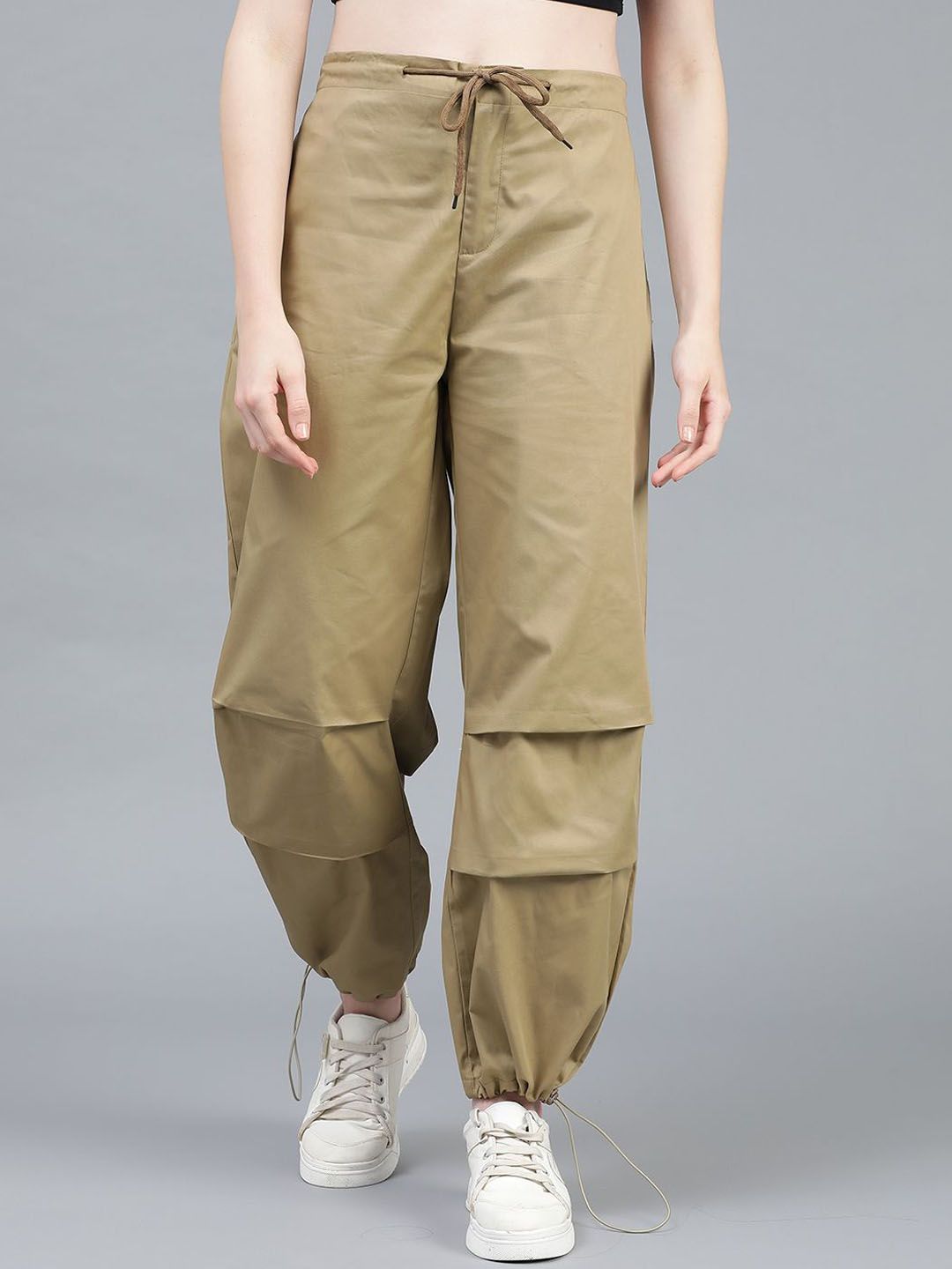 Kotty Women Brown High-Rise Easy Wash Cotton Cargos Trousers