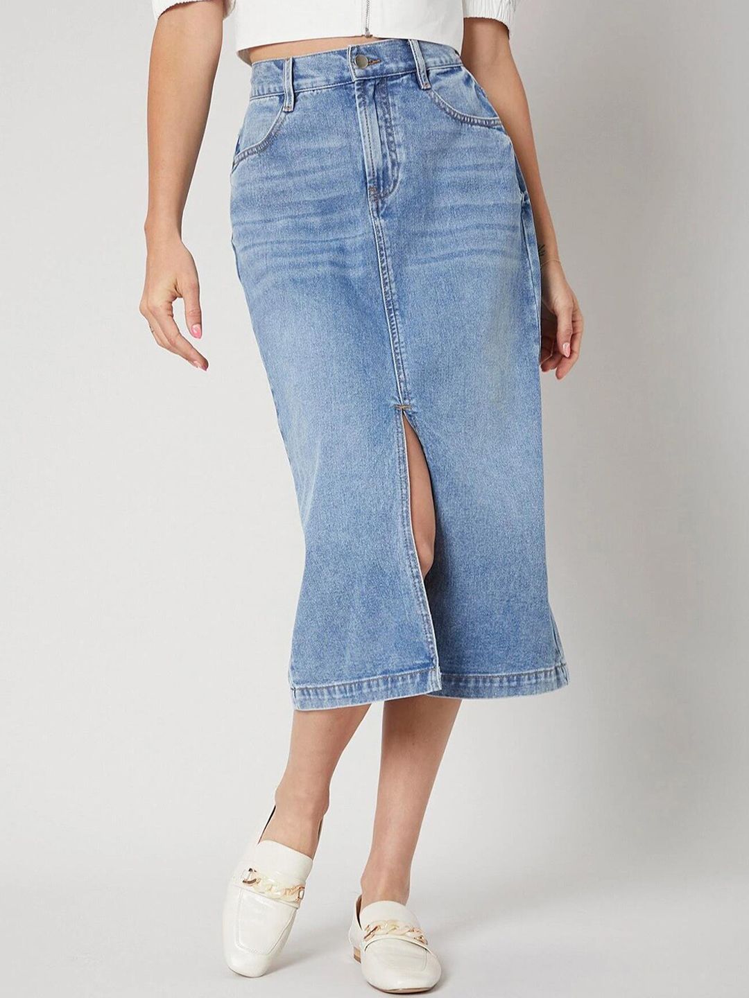 Kotty Front Slit A-line Denim Midi Skirt