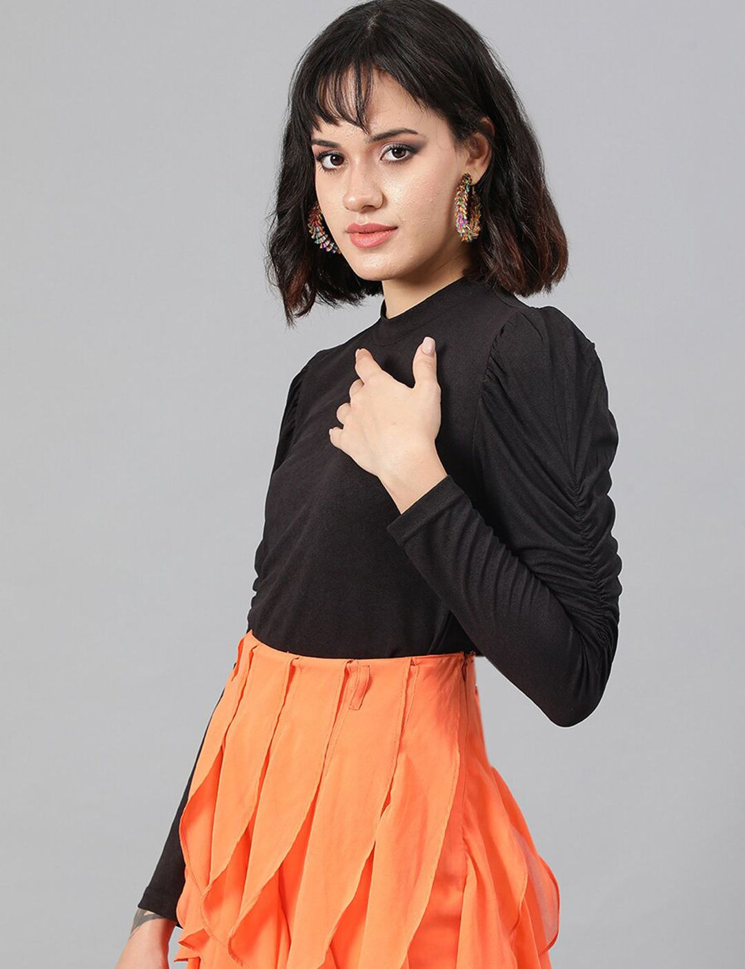 Kotty Black High Neck Puff Sleeve Top